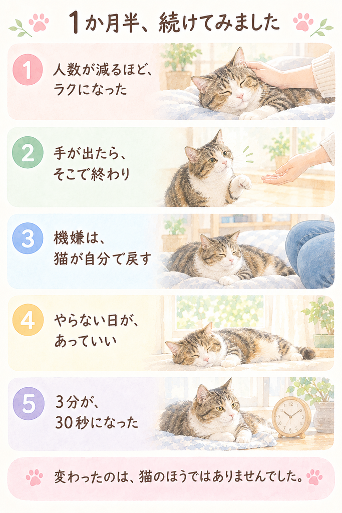 猫の歯みがきを1か月半続けて分かったことを5つにまとめたイラスト。人数が減るほどラクになったこと、猫が手を出したらそこでやめること、機嫌は猫が自分で戻すこと、やらない日があっていいこと、3分かかっていたのが30秒になったことを、キジトラ白の猫の絵とともに説明している