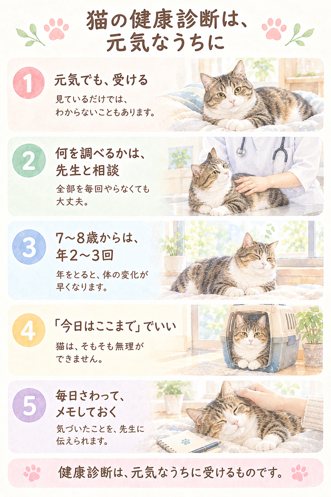 猫の健康診断は元気なうちに:①元気でも受ける ②何を調べるかは先生と相談 ③7〜8歳からは年2〜3回 ④「今日はここまで」でいい ⑤毎日さわってメモしておく