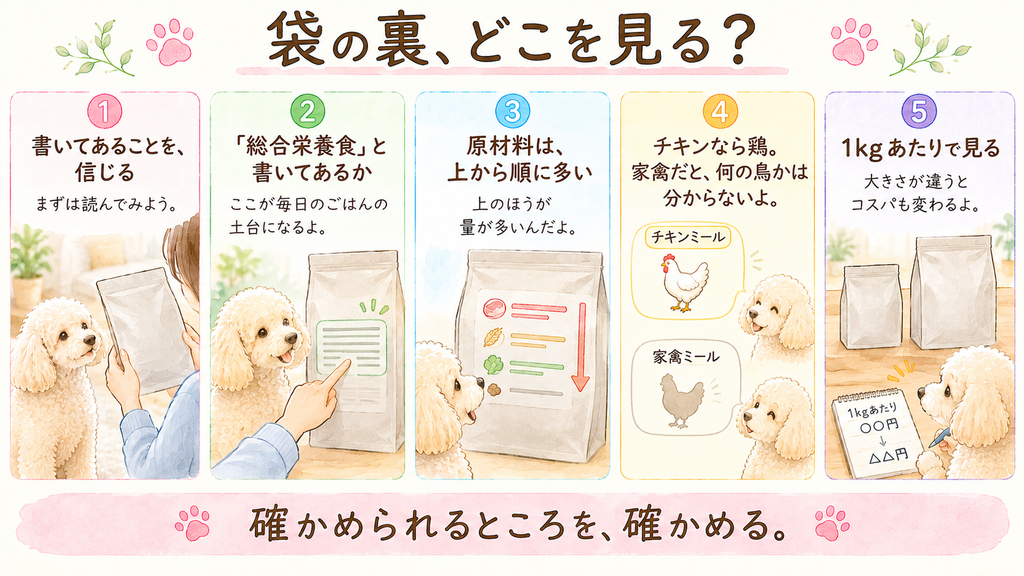 ドッグフードの袋の裏で見る場所を5コマで説明したイラスト。総合栄養食の表示、原材料の並び順、ミールの種類、1kgあたりの値段などをまとめている